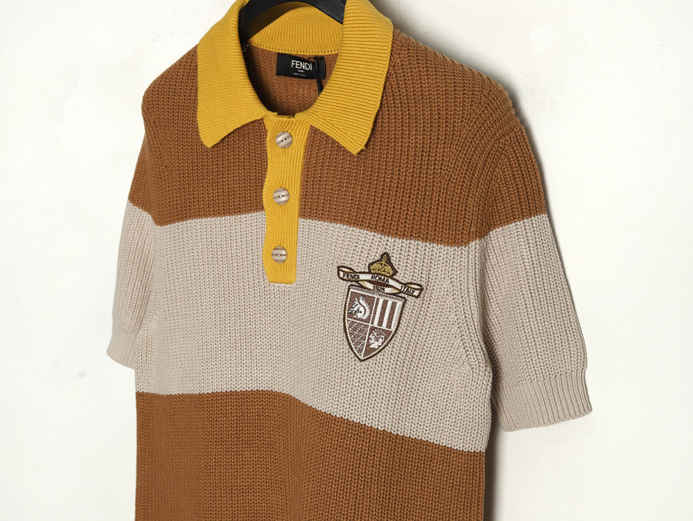 Fendi Badge Striped Jersey Short Sleeve Polo Shirt