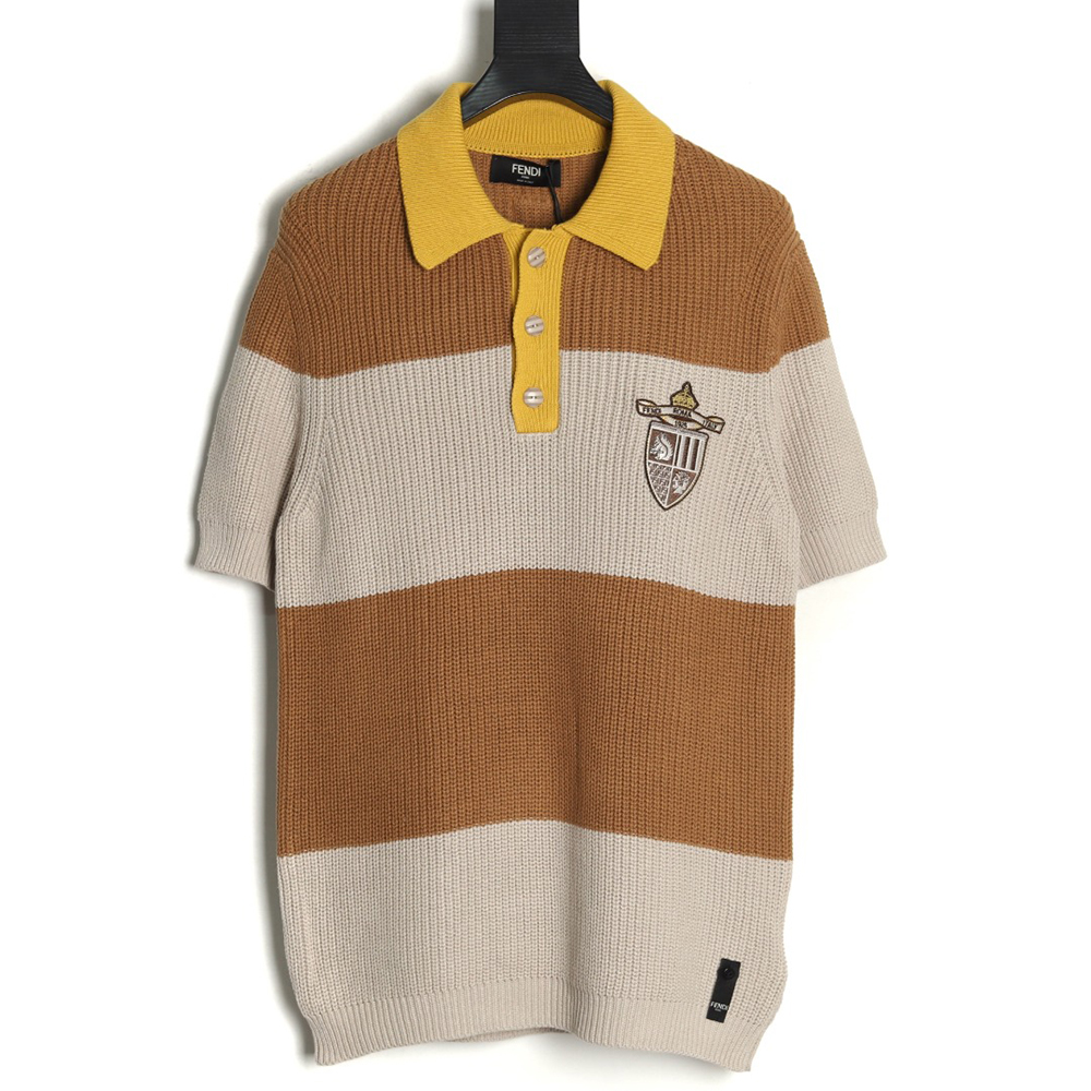 Fendi Badge Striped Jersey Short Sleeve Polo Shirt