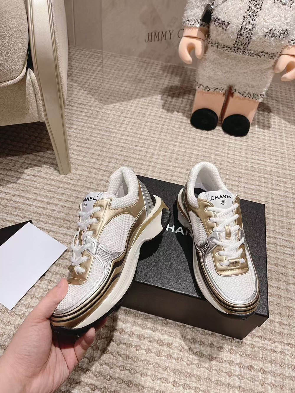 CHANEL CC Logo Cruise Tennis Gold Sneakers