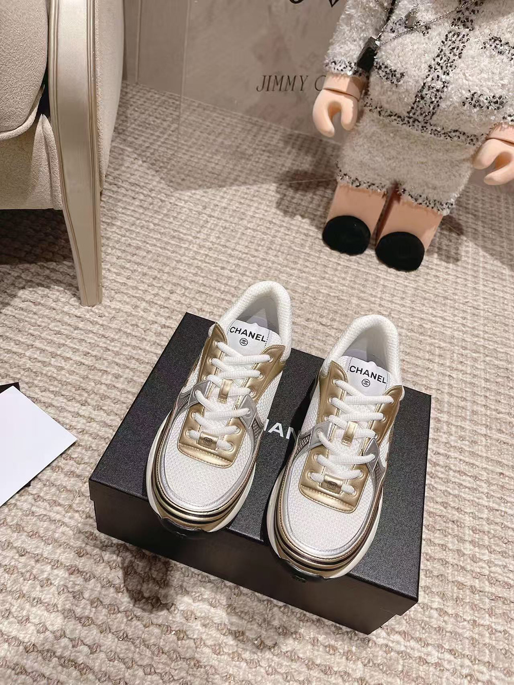 CHANEL CC Logo Cruise Tennis Gold Sneakers