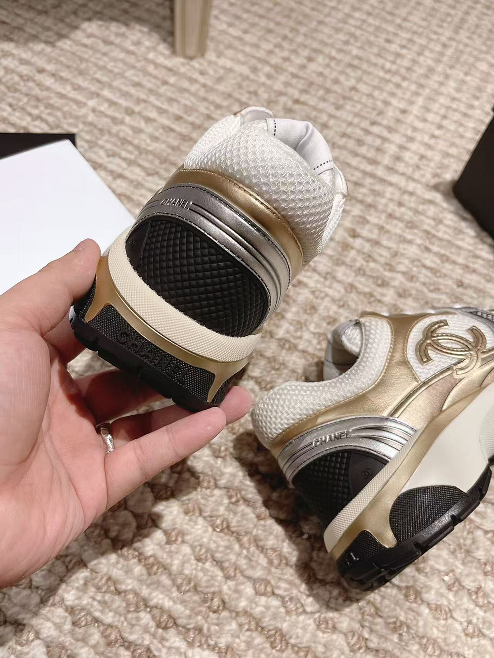 CHANEL CC Logo Cruise Tennis Gold Sneakers