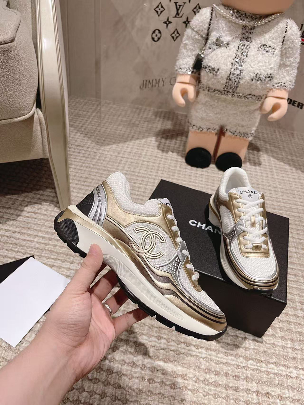 CHANEL CC Logo Cruise Tennis Gold Sneakers