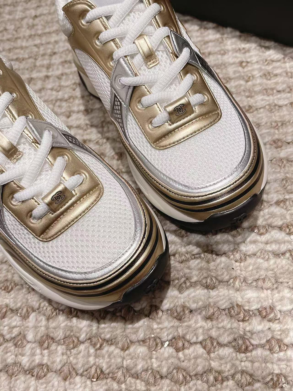 CHANEL CC Logo Cruise Tennis Gold Sneakers