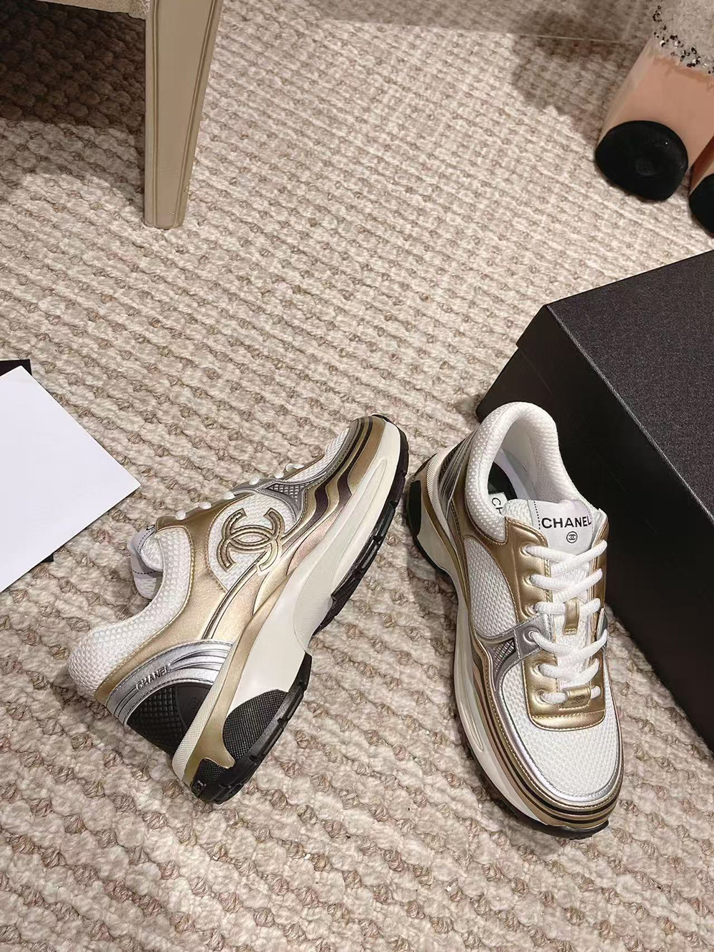 CHANEL CC Logo Cruise Tennis Gold Sneakers