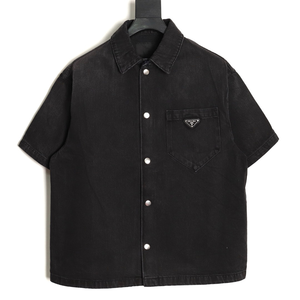 Prada triangle logo pocket denim short sleeve shirt