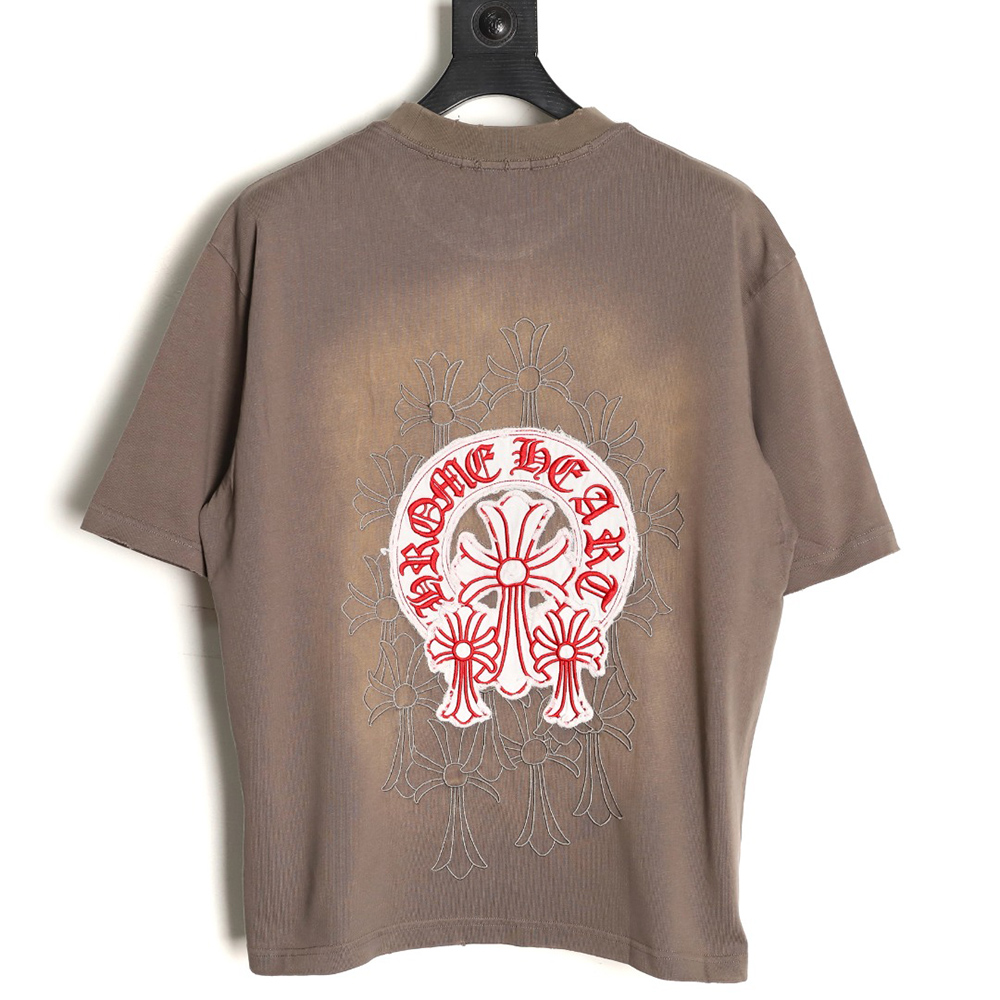 Chrome Hearts Red Label Cross Patch Embroidered Washed Hole Short Sleeve T-Shirt
