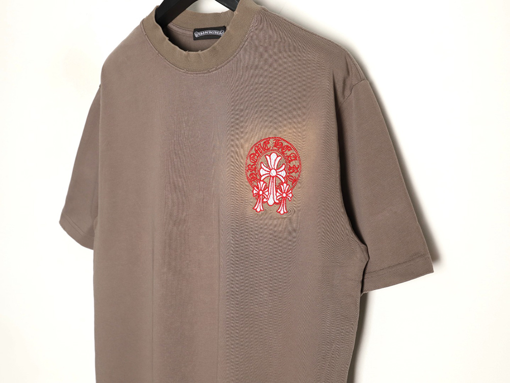 Chrome Hearts Red Label Cross Patch Embroidered Washed Hole Short Sleeve T-Shirt