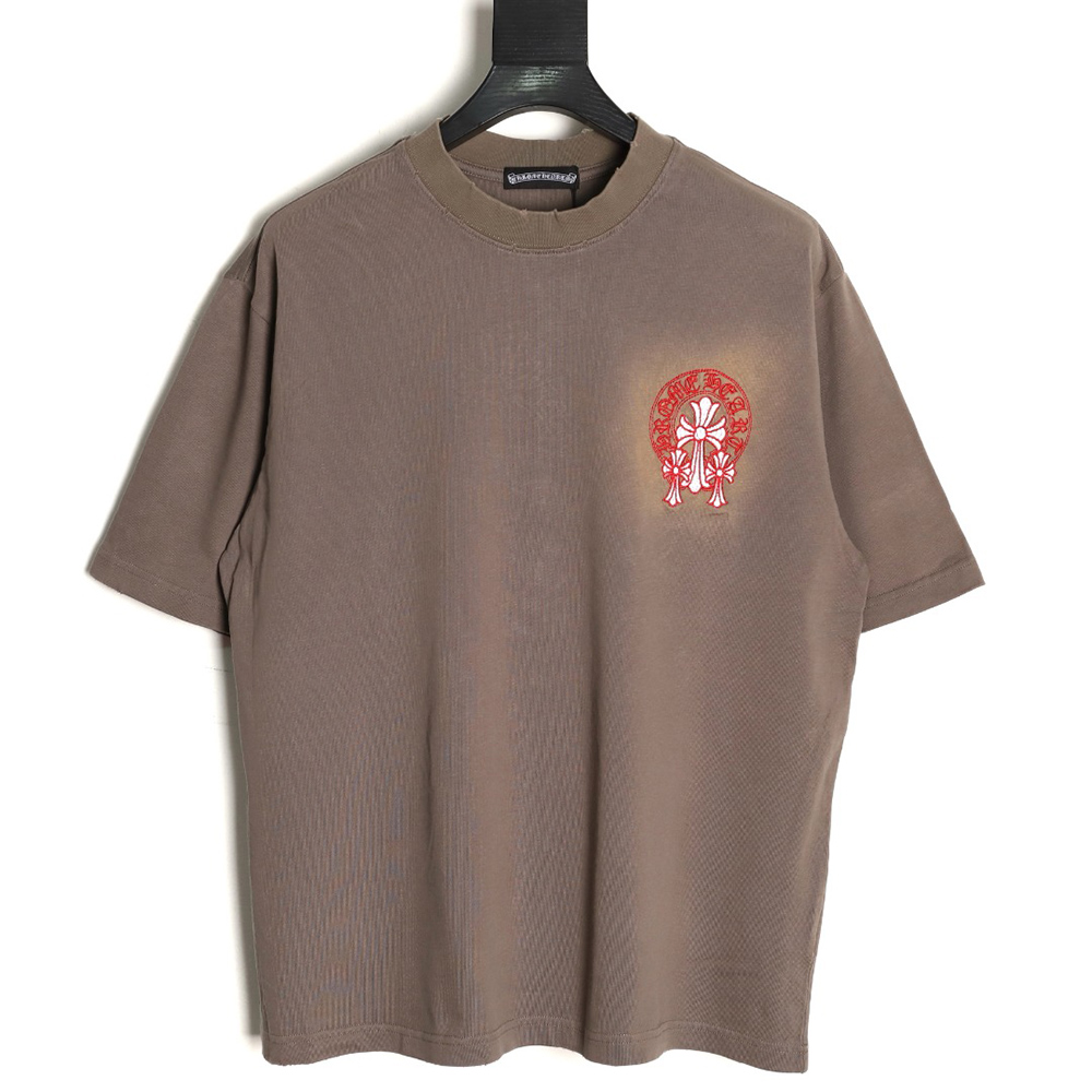 Chrome Hearts Red Label Cross Patch Embroidered Washed Hole Short Sleeve T-Shirt