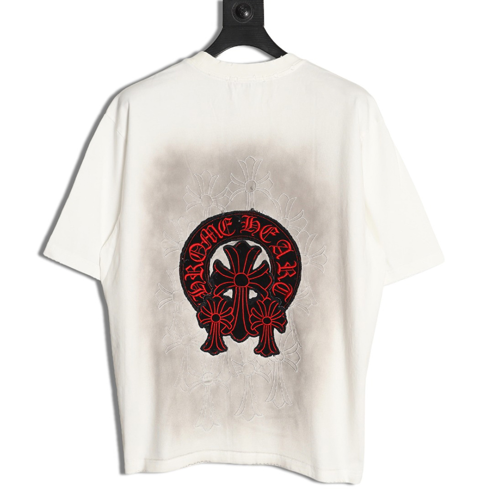 Chrome Hearts Red Label Cross Patch Embroidered Washed Hole Short Sleeve T-Shirt TSK1