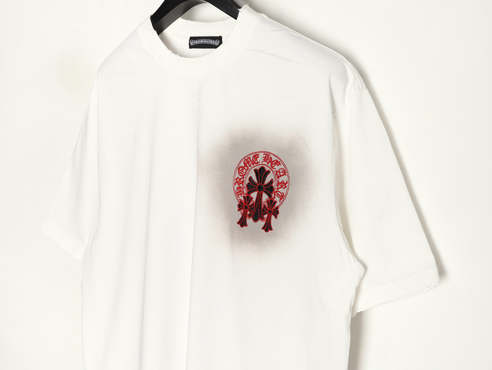 Chrome Hearts Red Label Cross Patch Embroidered Washed Hole Short Sleeve T-Shirt TSK1